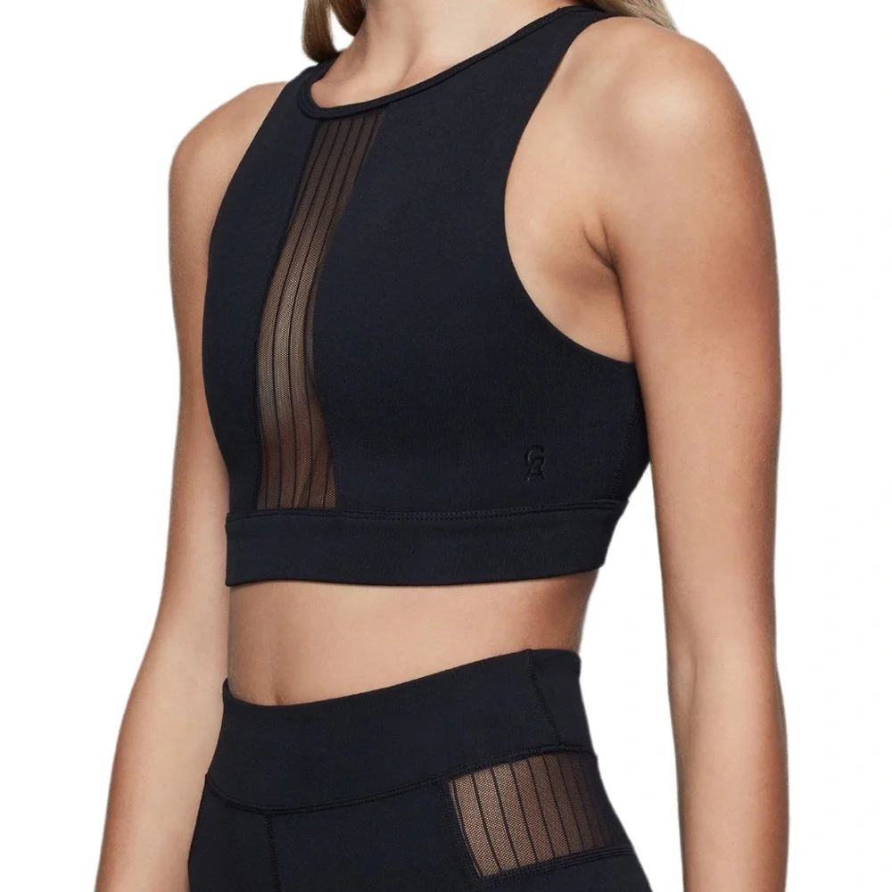 black Good American pin tuck mesh sports bra | open cut out back | mesh accent - Picture 4 of 11